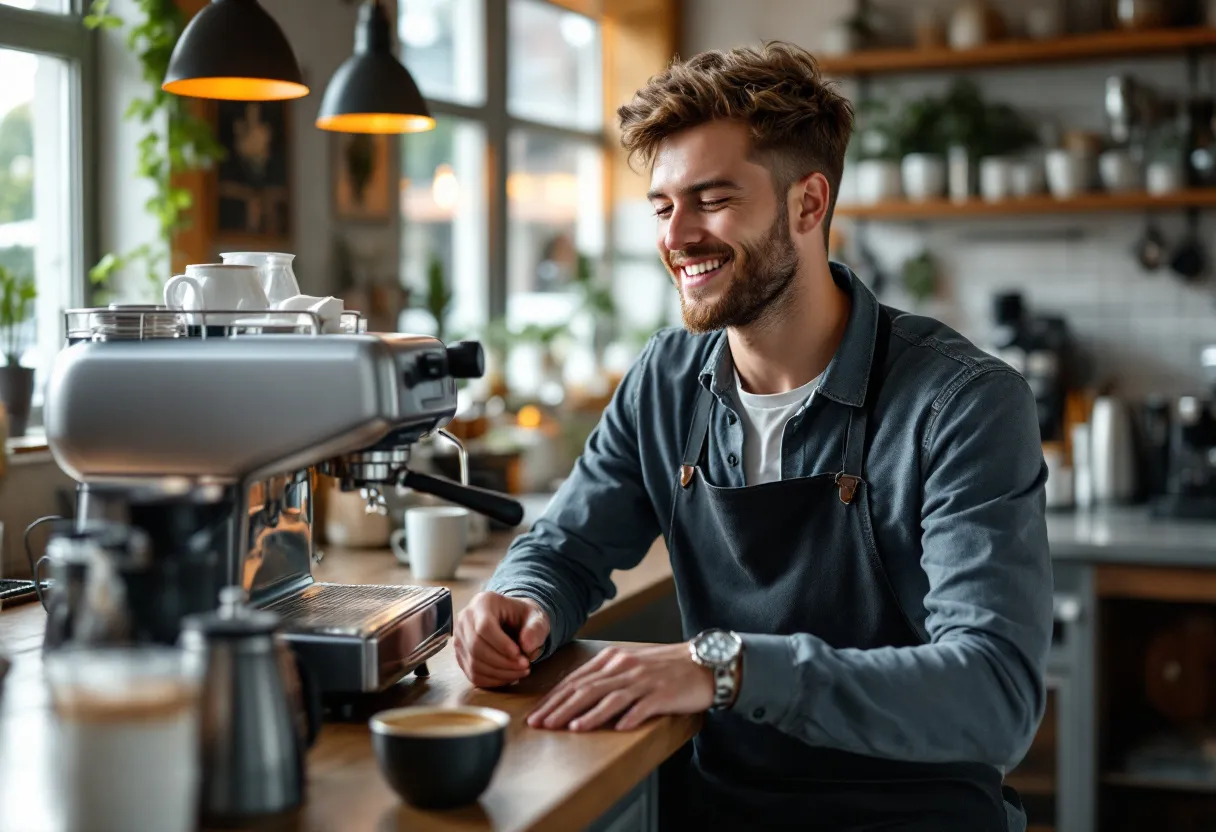 Un jeune barista dans un café chaleureux à Tielt signe un contrat flexi-job en souriant, avec un cappuccino fraîchement préparé sur le comptoir.