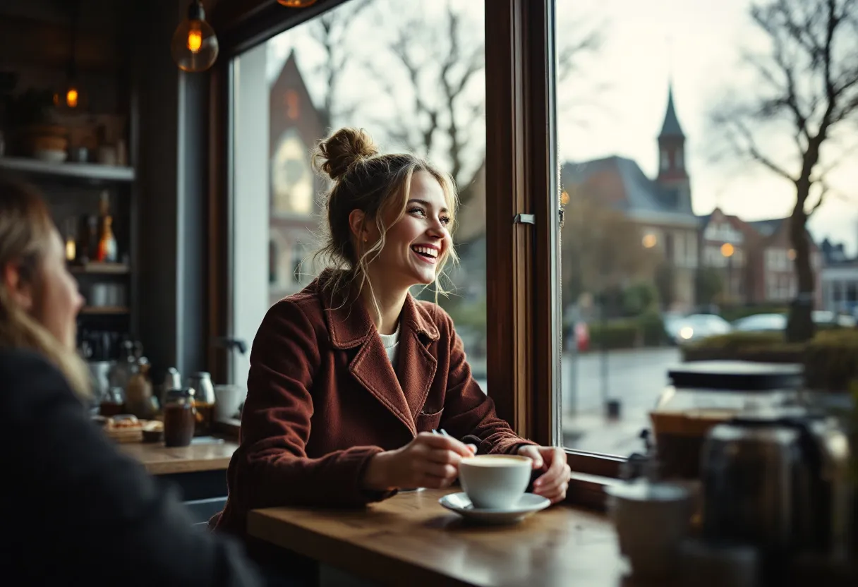 Een lachende vrouw in een koffiebar in Tielt serveert een cappuccino, terwijl buiten de Sint-Michielskerk zichtbaar is in de ochtendzon.