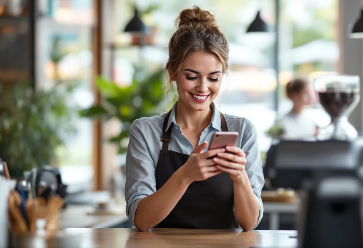 Une femme souriante dans un café à Tielt sert du café tout en cherchant un flexi-job sur son smartphone.
