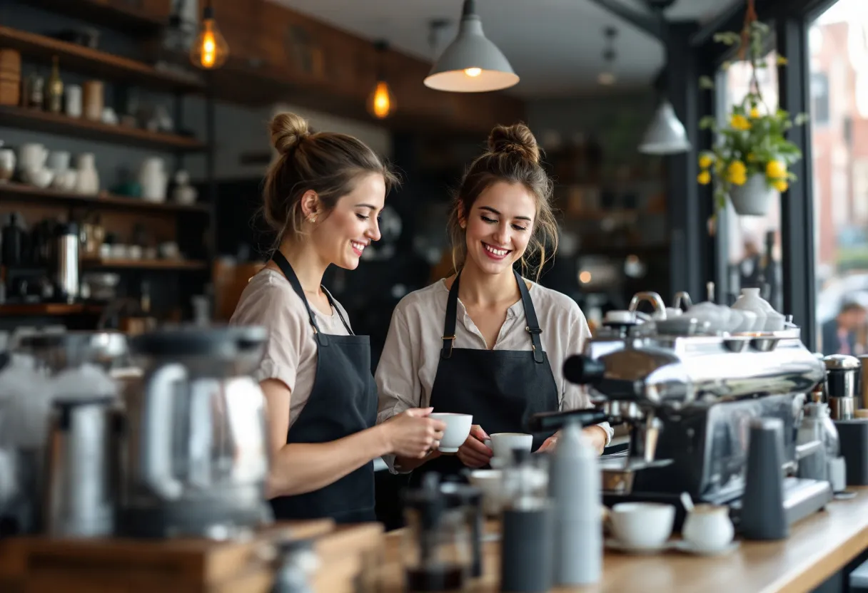 Un joyeux barista sert du café dans un café animé sur la Grand-Place de Tielt, avec vue sur le beffroi en arrière-plan.
