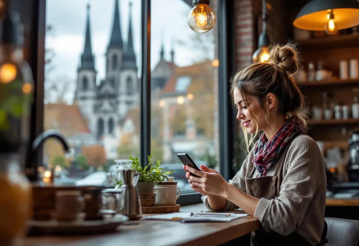 Une barista dans un café à Tielt tape avec satisfaction sur son smartphone, tout en regardant sa fiche de paie de flexi-job avec la tour de l'église Saint-Pierre visible par la fenêtre.