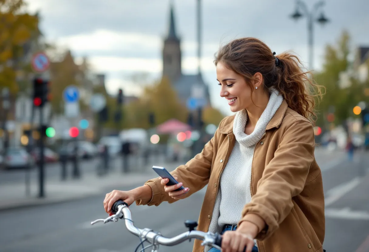 Een vrolijke jonge vrouw fietst door het centrum van Tielt terwijl ze op haar smartphone een flexi-job vacature bekijkt, met de Hallentoren op de achtergrond.