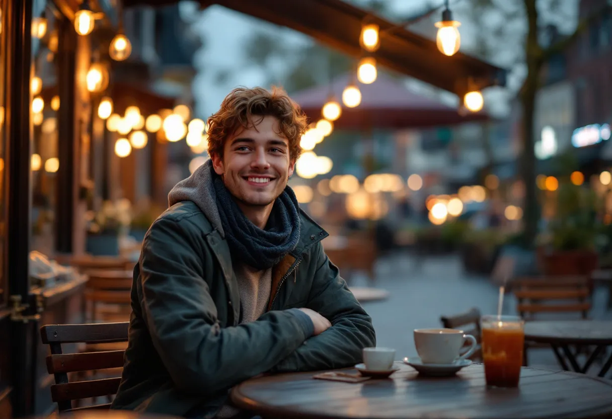 Un jeune étudiant à Tielt sert avec le sourire un café sur une terrasse de la Grand-Place, tandis que le clocher de Tielt brille en arrière-plan sous le soleil du soir.