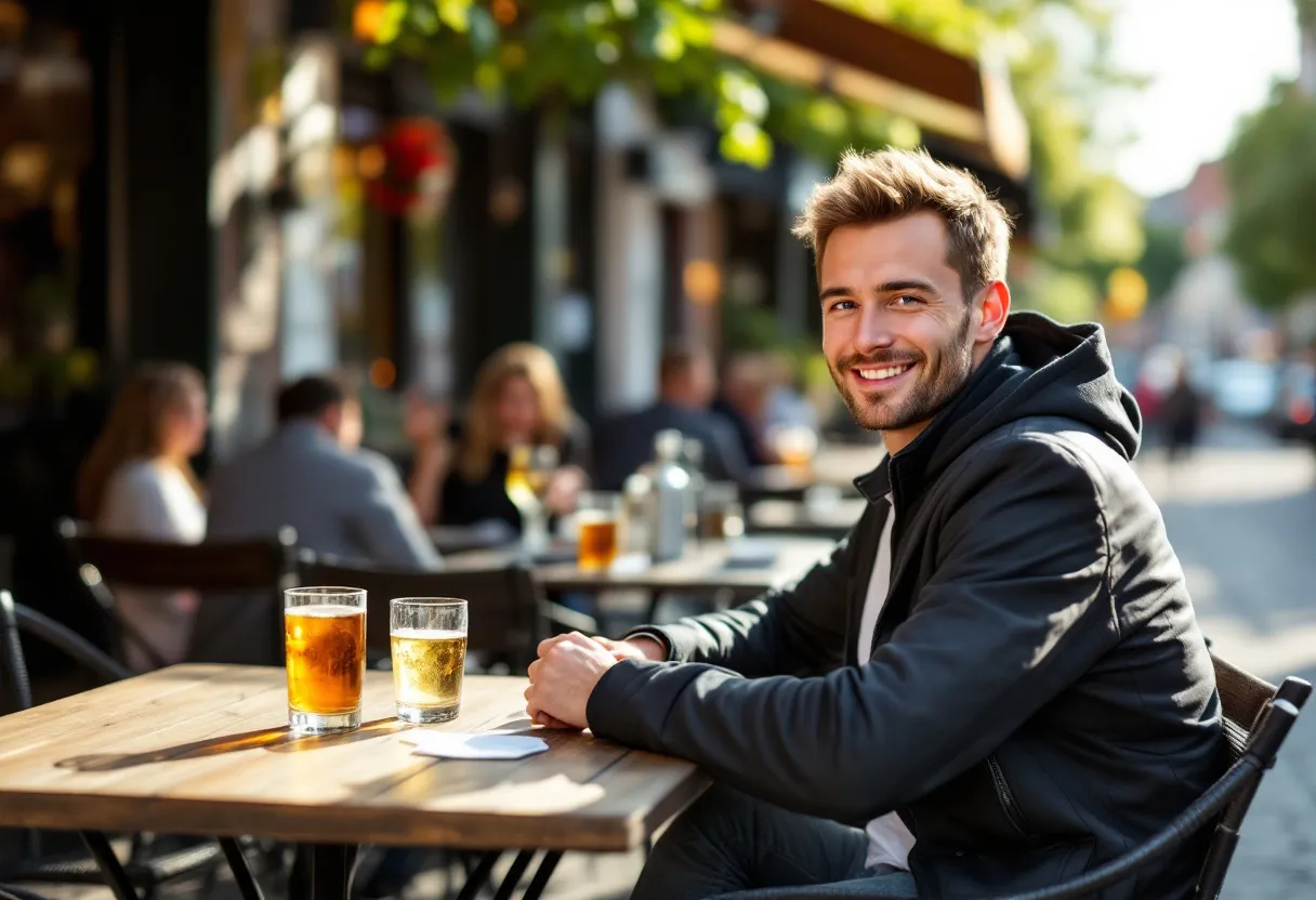 Une rue ensoleillée à Tielt avec une terrasse où des gens profitent d'un verre, et un jeune homme qui prend des commandes avec un sourire amical dans une brasserie locale.