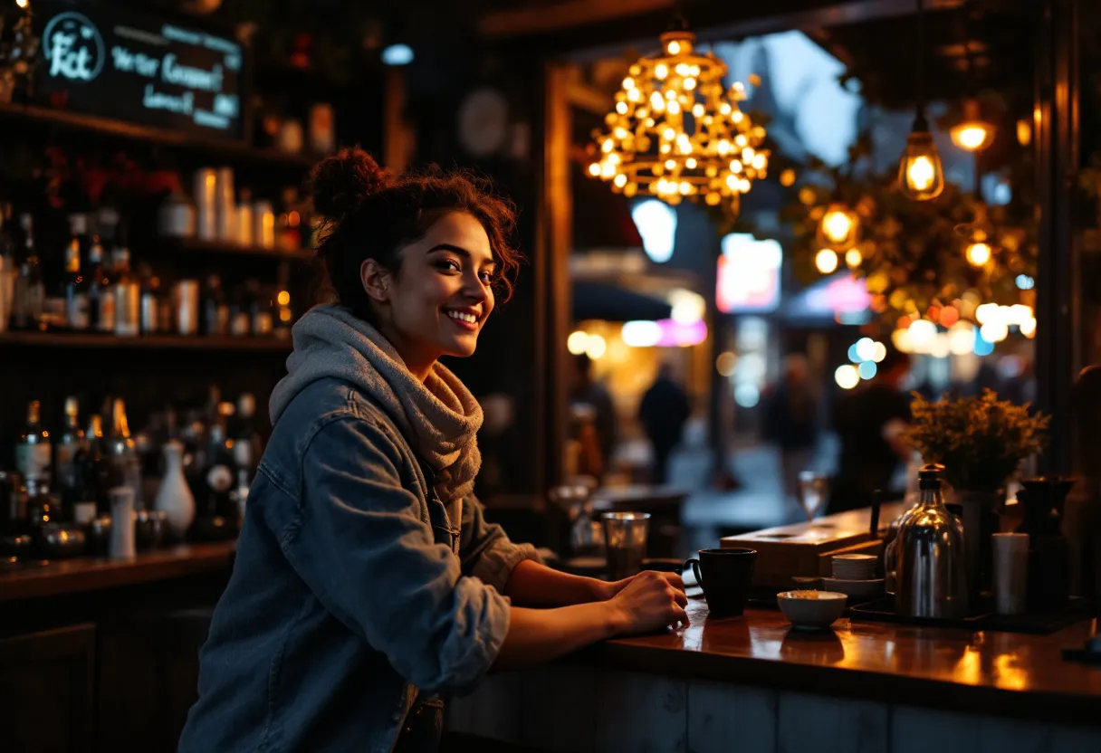 Een vrolijke studente werkt 's avonds achter de bar van een bruin café in Tielt, terwijl de lichten van de Grote Markt door het raam naar binnen schijnen.