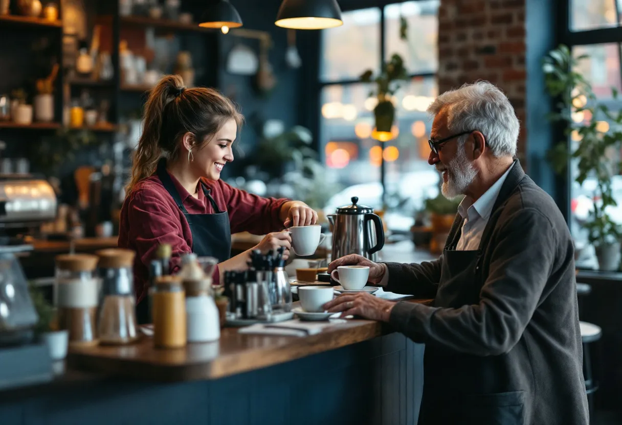 Un étudiant joyeux sert un café dans un café brun de Tielt, tandis qu'un collègue retraité rince des verres en souriant, l'image idéale d'un flexi-job.