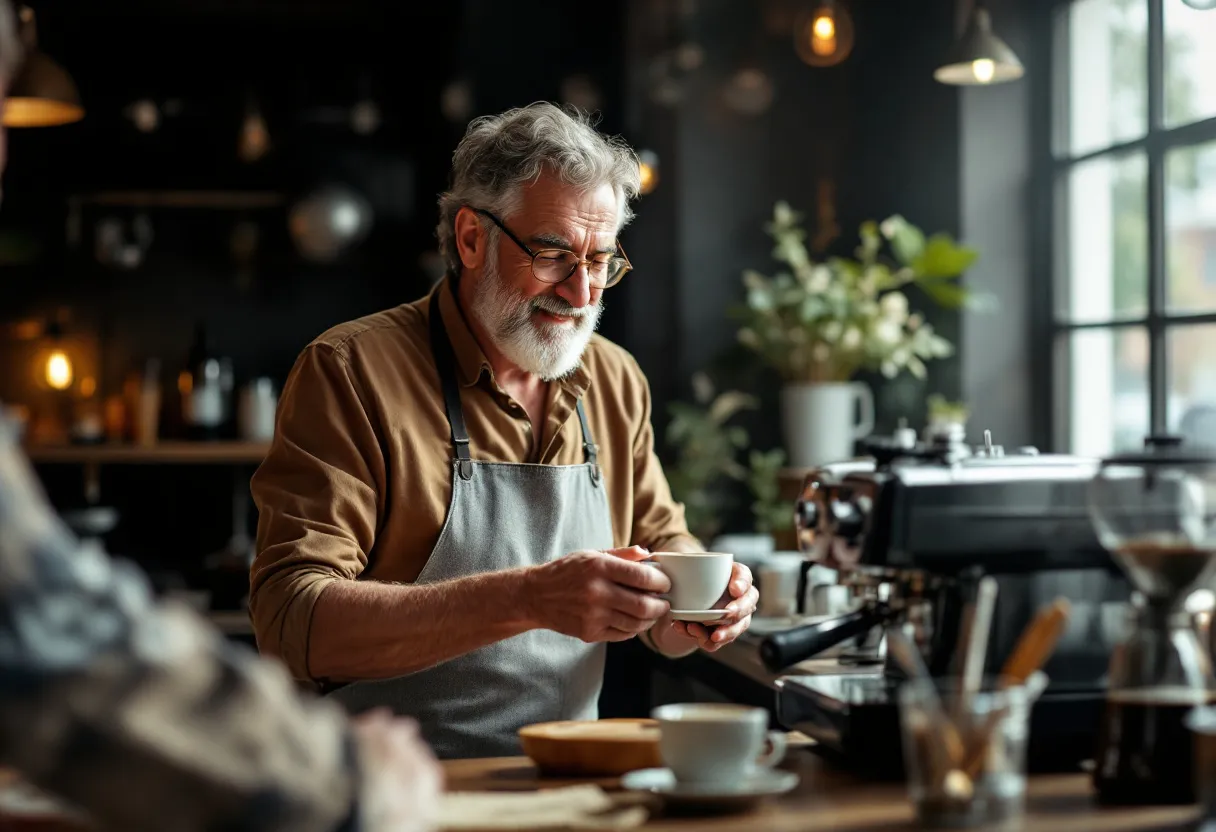 Een wijze oudere man met grijze haren en bril serveert glimlachend een espresso aan een tevreden klant in een gezellig koffiehuis in het centrum van Tielt, met zonlicht door het raam.