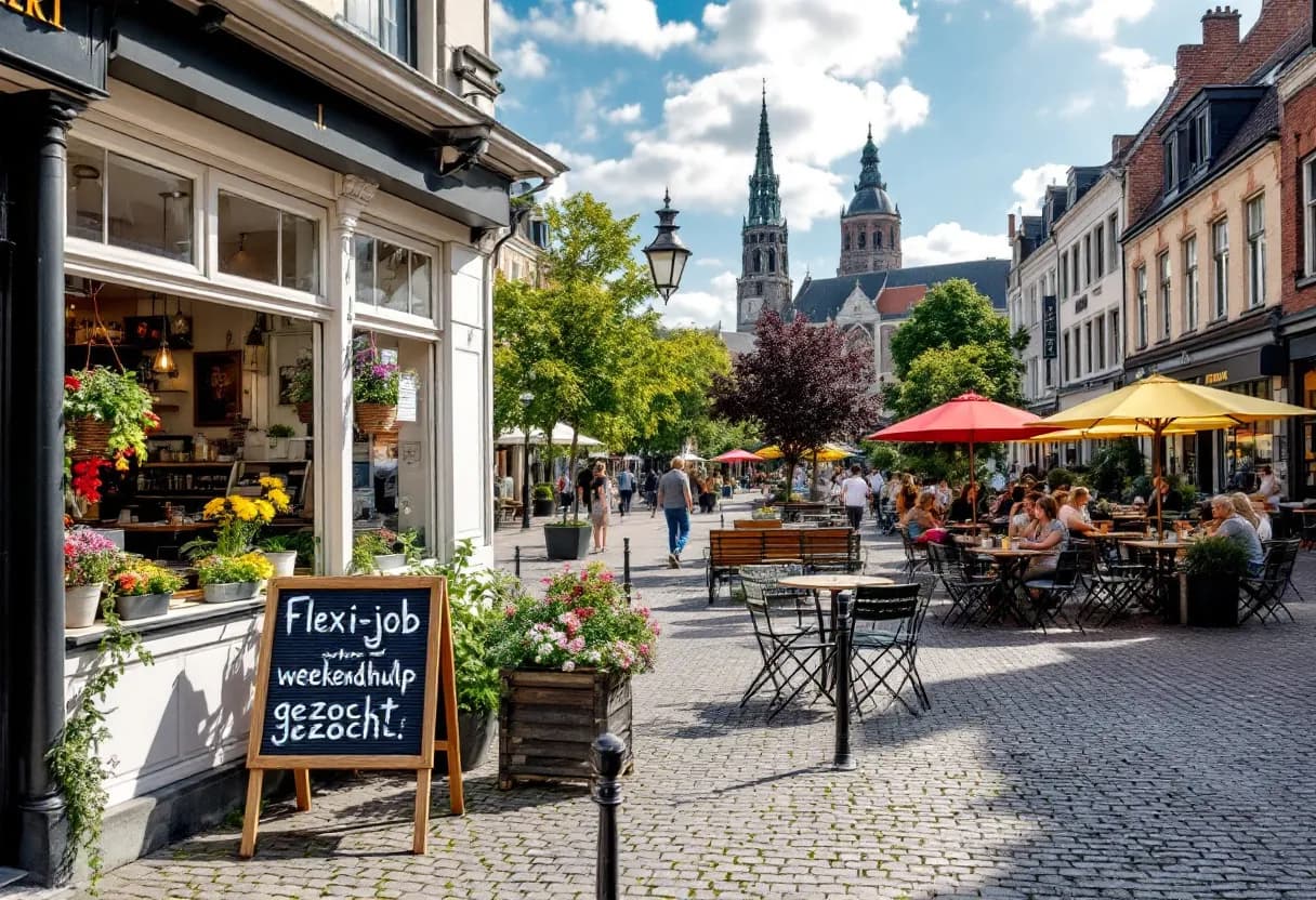 Een zonnig Tielts dorpsplein met terrasjes en voorbijgangers, een bord in de etalage van een café met de tekst 'Flexi-job weekendhulp gezocht' en op de achtergrond de Sint-Pieterskerk.