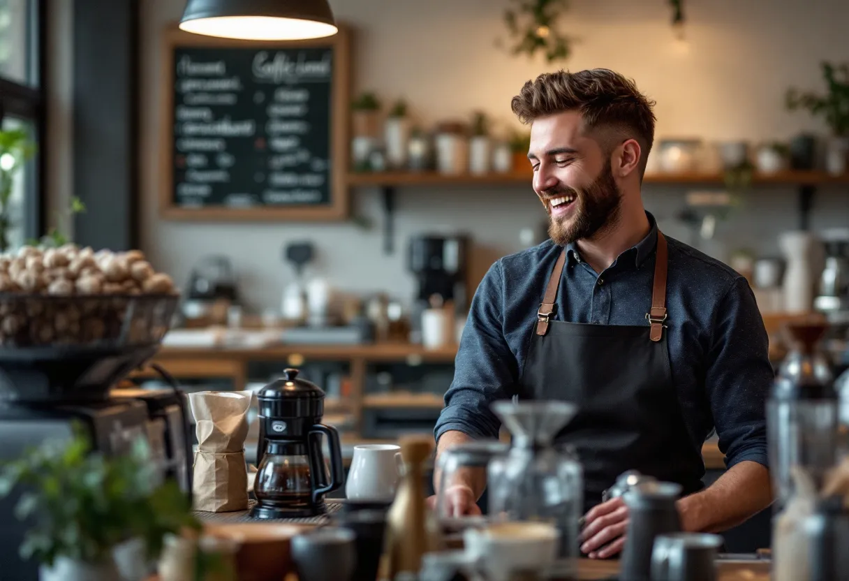 Un barista souriant sert un café dans un café tendance de Tielt, avec une ardoise « personnel recherché » en arrière-plan.