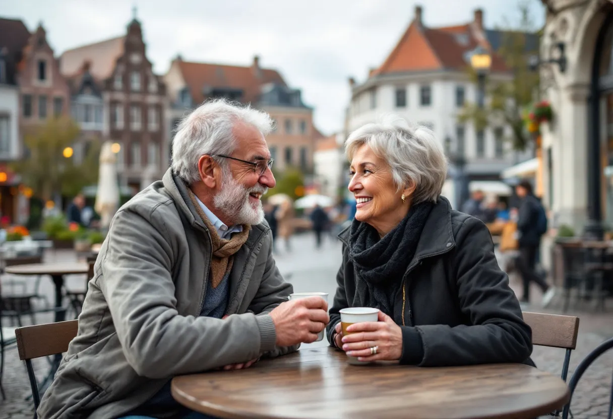 Un homme et une femme retraités joyeux buvant un café ensemble à une table sur la Grand-Place de Tielt, souriant l'un à l'autre avec en arrière-plan les bâtiments historiques et une place ensoleillée.