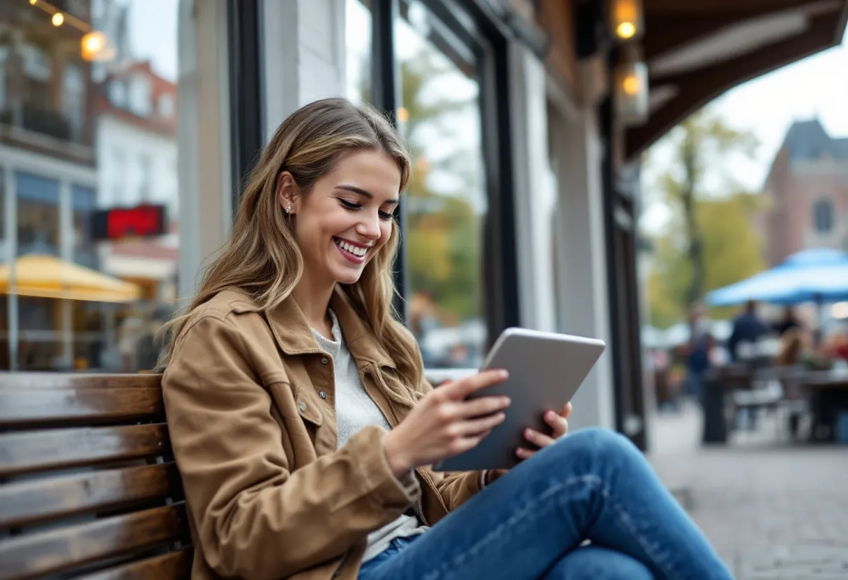 Een lachende studente in een trui en jeans bekijkt op haar tablet het flexi-job aanbod in Tielt, terwijl ze op een bankje zit aan de markt met de Sint-Pieterskerk op de achtergrond.